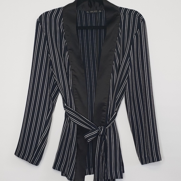 Zara Dark Navy White Striped Women's Relaxed Smoking Jacket Blazer Large - Picture 5 of 15